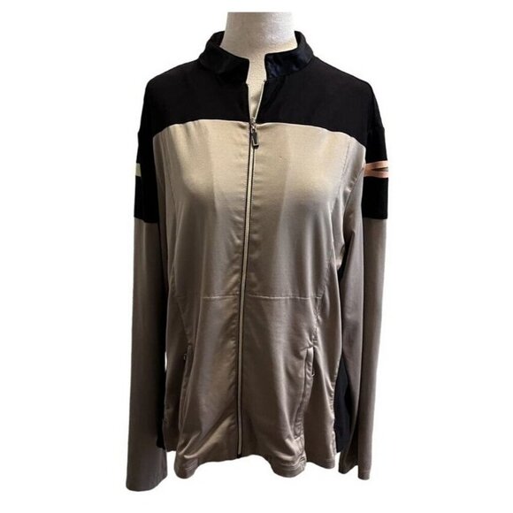 Jamie Sadock Womens Athletic Jacket M Polyester Spandex Full Zip Black Beige - Picture 1 of 11